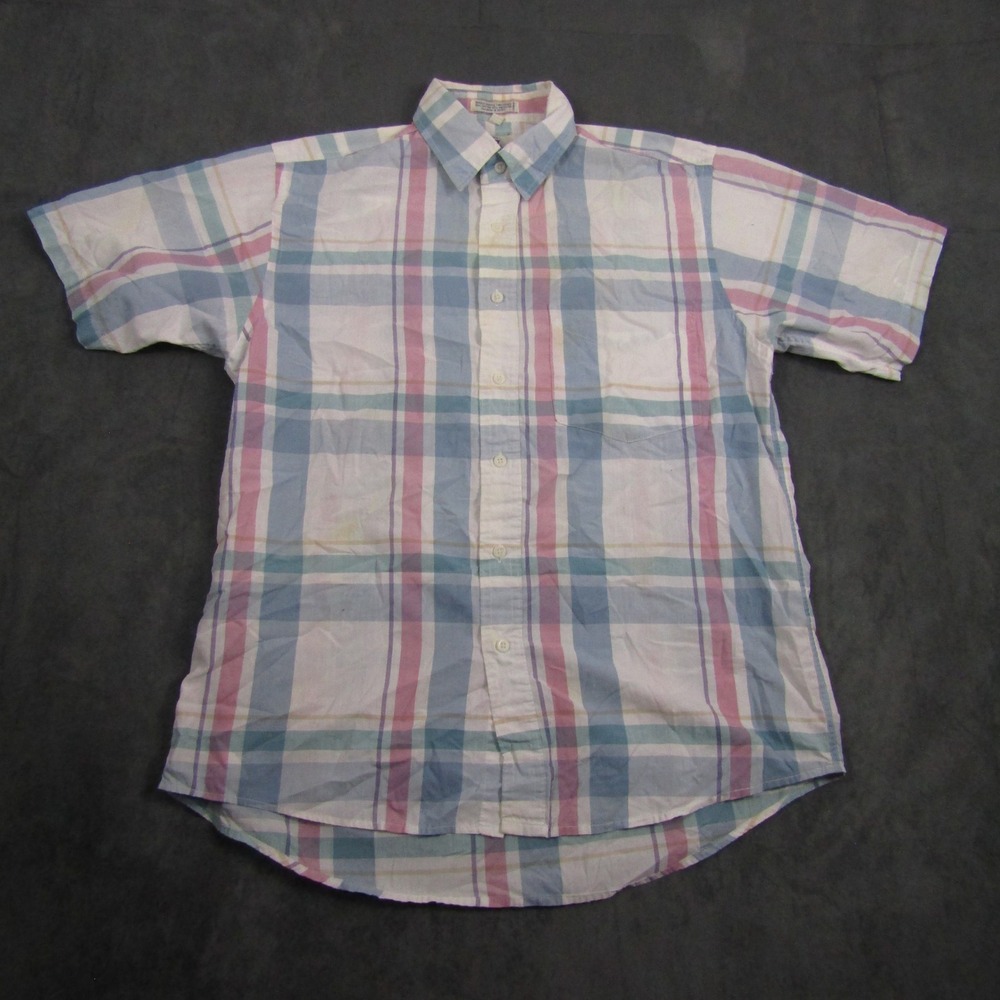 Van Heusen 417 Button Down Shirt Mens M Multicolor Plaid Short Sleeve Vintage